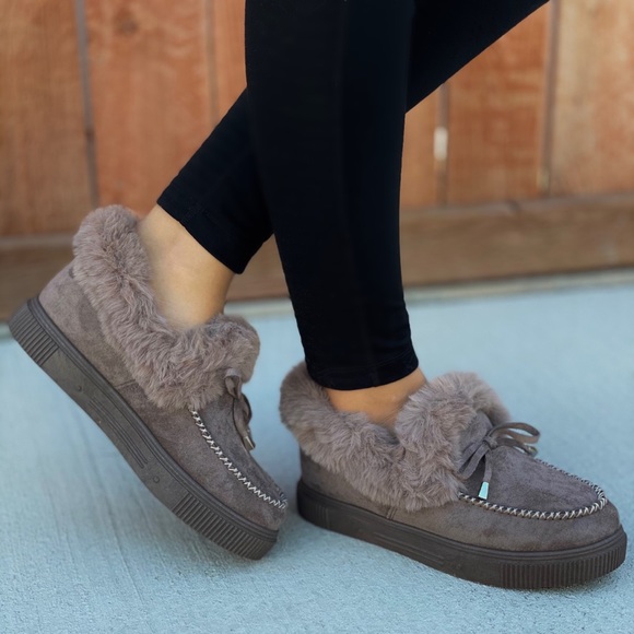 Shoes - Taupe Fuzzy Slip-on Moccasin Slippers